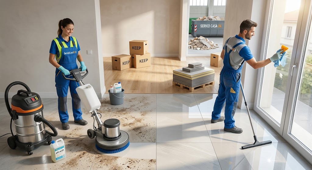 Pulizie post-cantiere: come eliminare polvere di cemento, pittura e silicone dai pavimenti